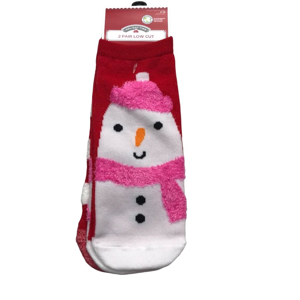 2 Pair Pack Holiday Time Women's Low Cut Socks Red/White Snow Man Size 4-10 New